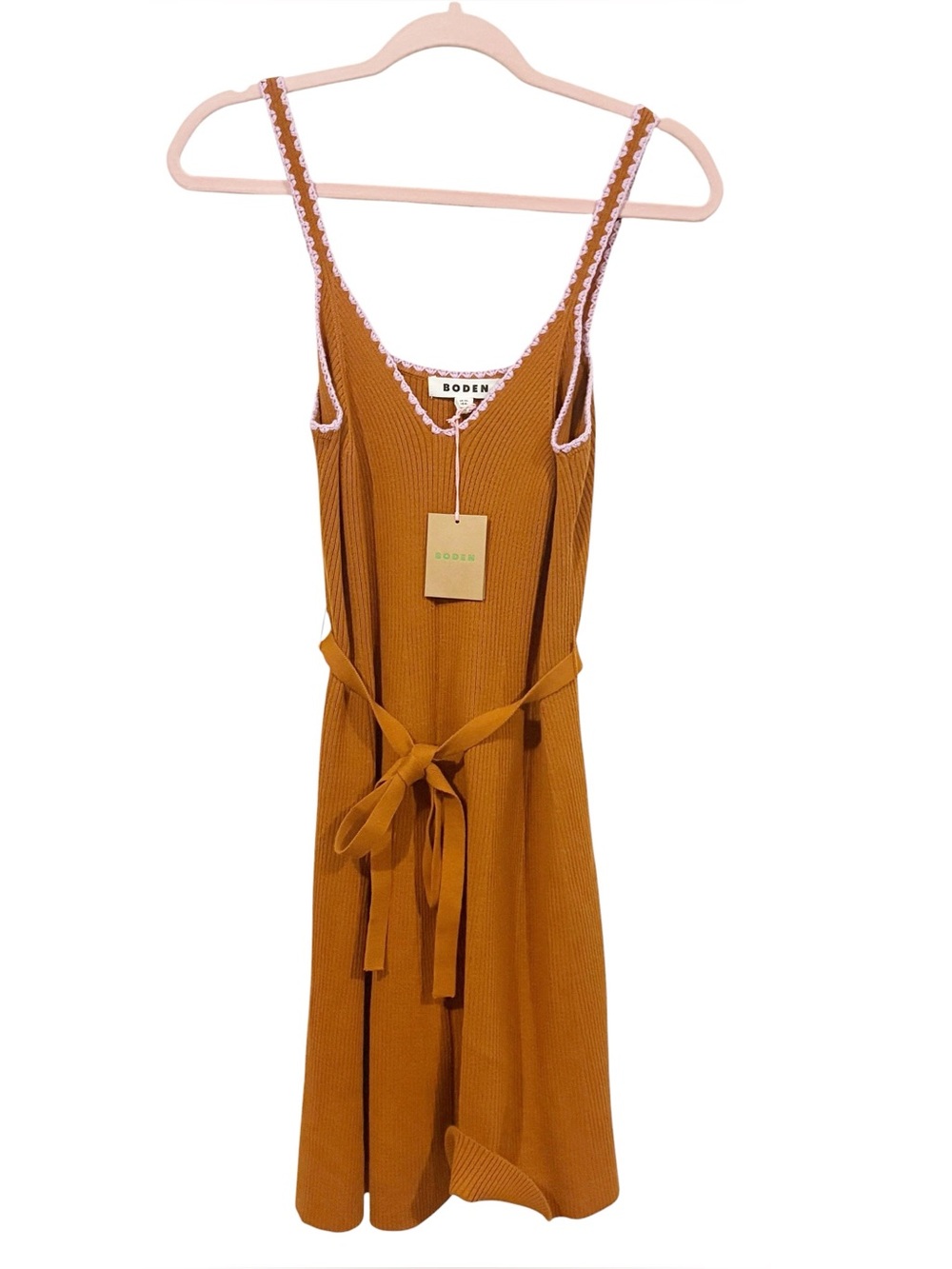 Boden Crochet Trim Tie Belt Ribbed Sweater Dress 6 Long Tall Brown - Picture 4 of 9